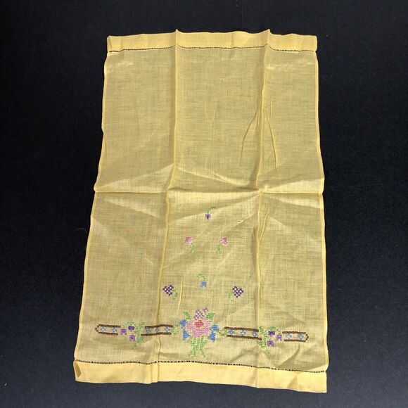 Vintage Tea Towel Yellow Cross Stitch Flowers Retro Shabby Chic Small Embroidery - Picture 6 of 8